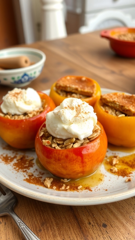 Air fryer baked apples filled with oats and topped with vanilla ice cream on a rustic table.